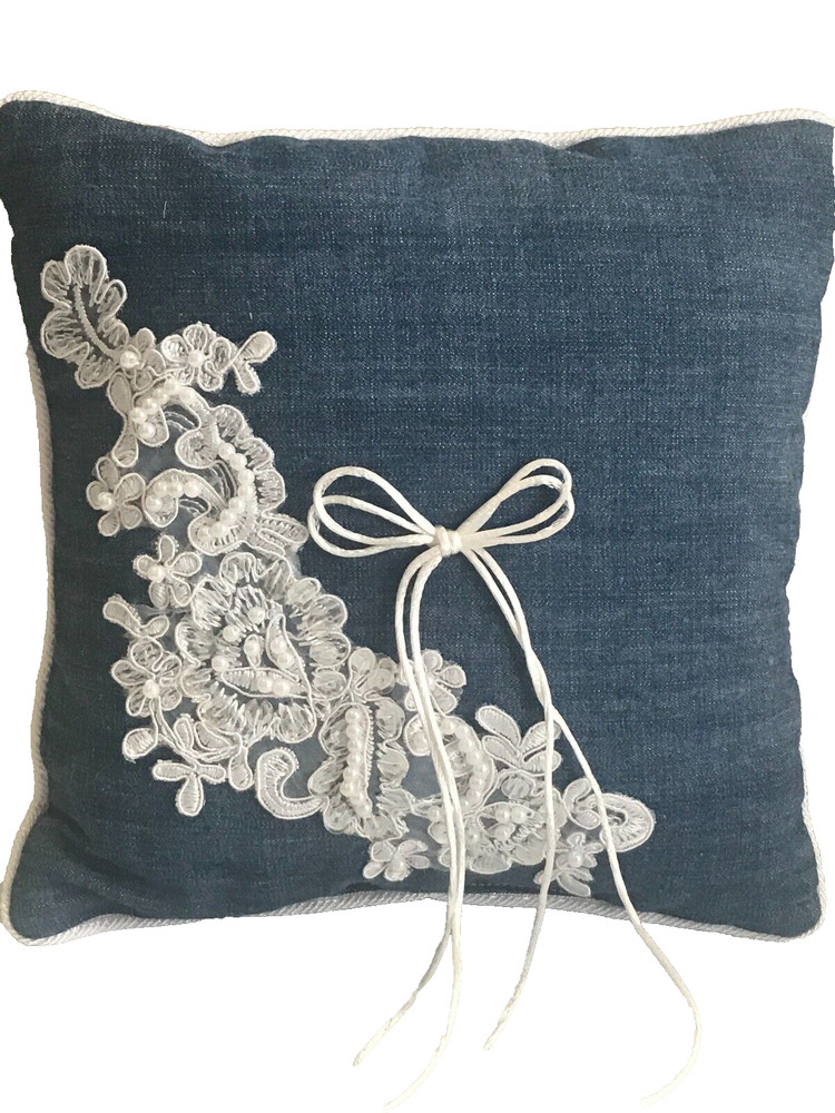 Western Wedding Blue Denim and White Lace Ring Pillow