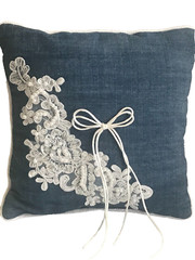 Western Wedding Blue Denim and White Lace Ring Pillow