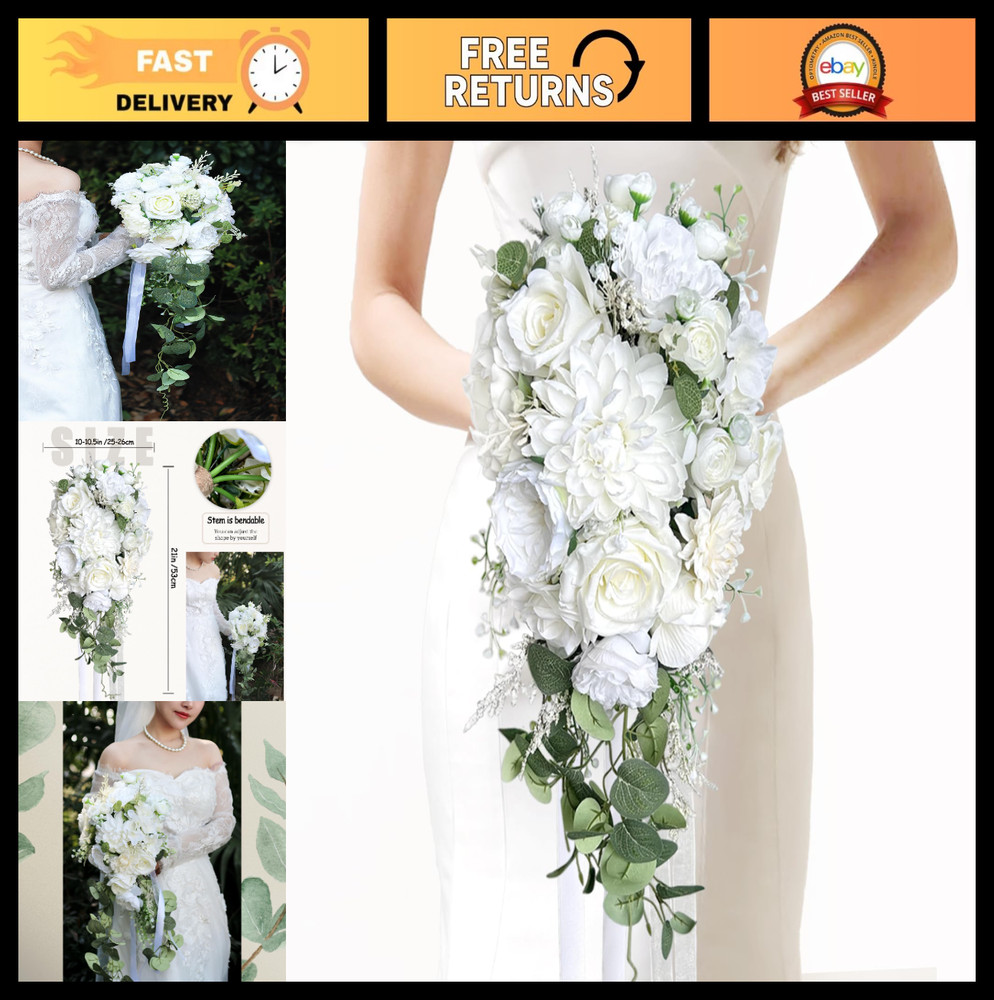 10″ White Rose Bridal Bouquet – Silk Flower Cascading Wedding Decor, Ivory Sage