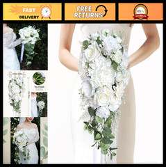 10″ White Rose Bridal Bouquet – Silk Flower Cascading Wedding Decor, Ivory Sage
