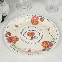 25 IVORY 9″ Paper Round Plates with Vintage Rose Flower Print Wedding Events