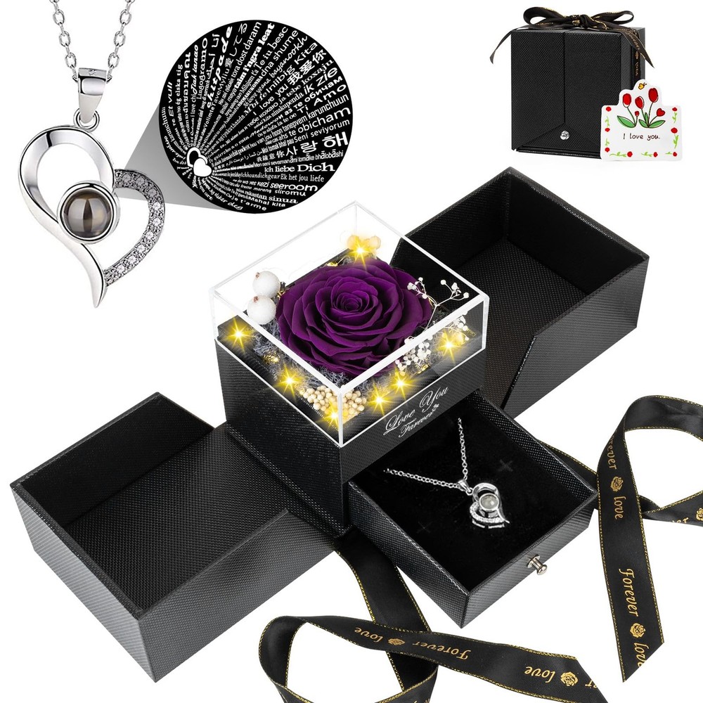Preserved Purple Real Rose with I Love You Necklace -Eternal