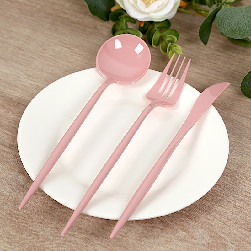 60 DUSTY ROSE Heavy Duty Forks Spoons and Knives Set Party Disposable Tableware