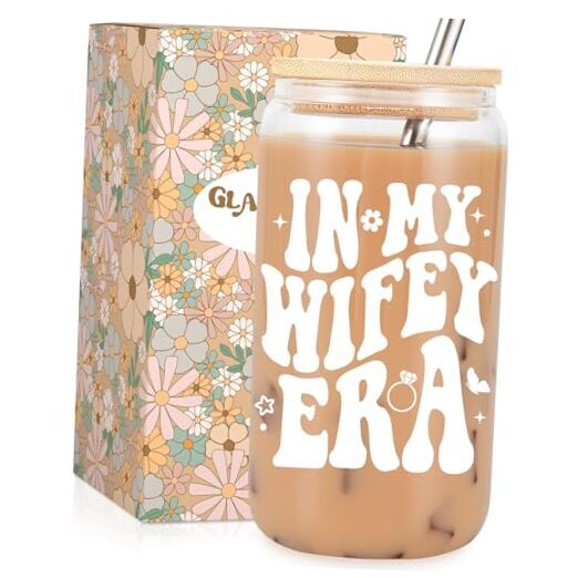 Wifey Cup, Engagement Gifts for Her, Bride Gifts, 16 oz Coffee Glass Cups
