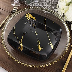 10 BLACK GOLD Square Metallic Marble Plastic Salad DINNER PLATES Party Tableware