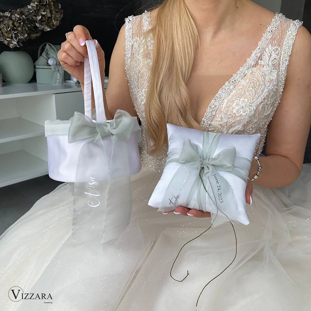 Ring bearer pillow and Flower girl basket Sage green wedding, Personalized