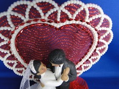 New Medium Dark skin Bride & Groom Wedding Cake Top, red decor & heart, #329