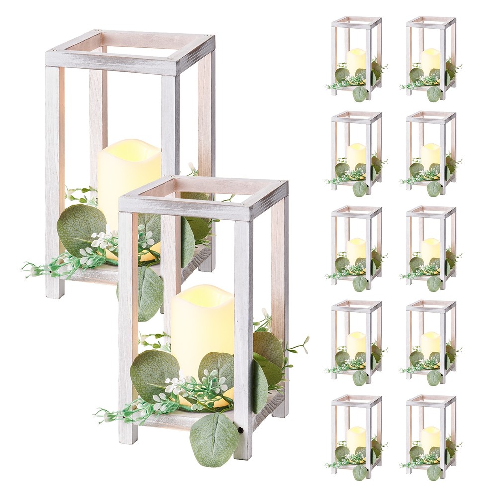 VEVOR 12 Set Wooden Wedding Lantern with LED Candles and Eucalyptus Wreath White