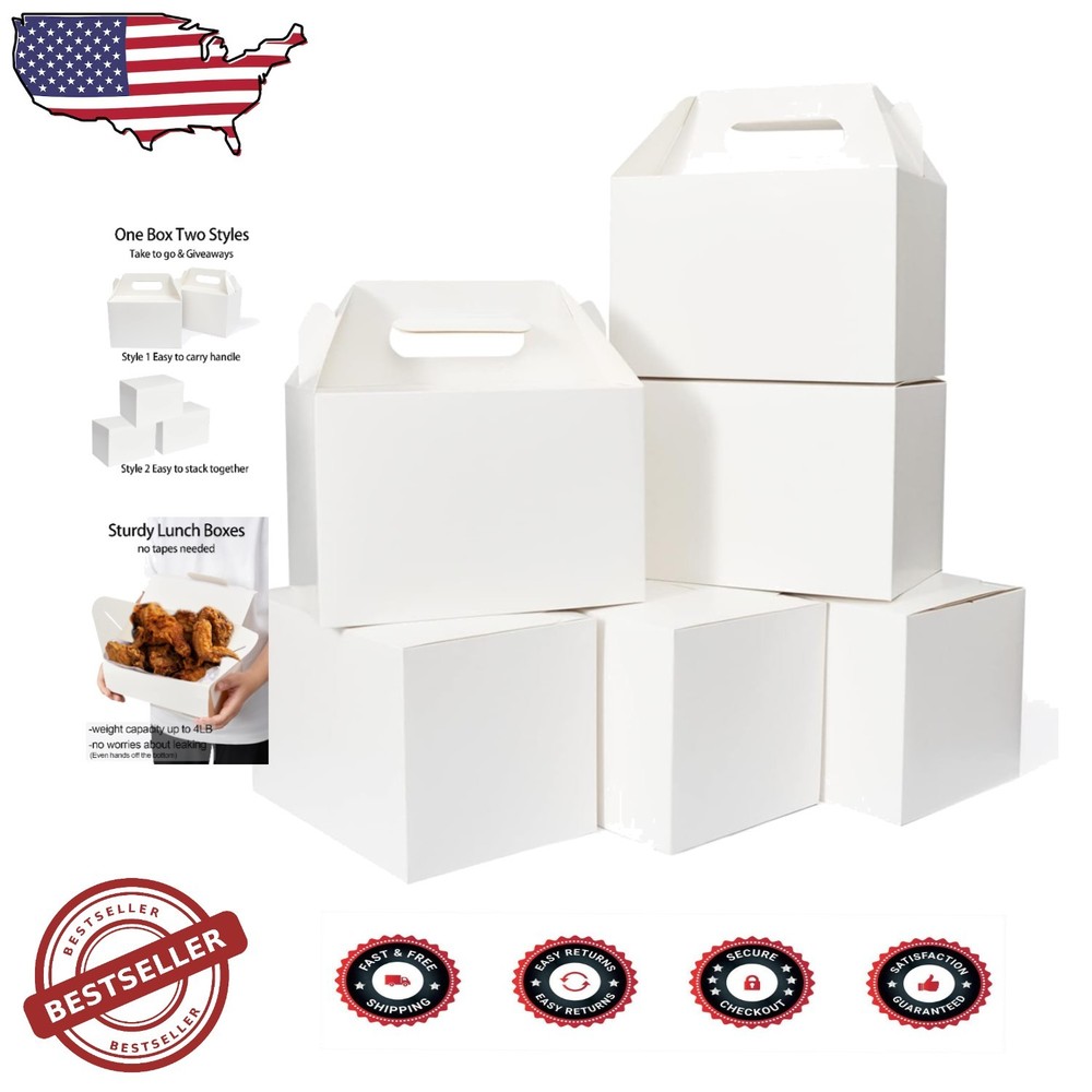 Large 50 Count White Gable Favor Boxes 9x6x6 – Sturdy Cardboard Party Carry Out