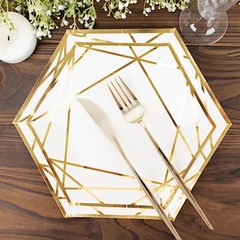 25 White 9″ Hexagon Paper Salad Dinner Plates Gold Trim Tableware