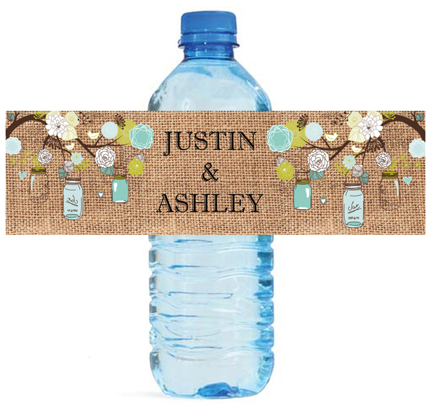 100 Country Burlap Mason Jar Wedding Water Bottle Labels Engagement Bridal 8″x2″