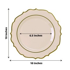 10 TAUPE 10.5″ Round Plastic Dinner Plates GOLD Scalloped Rim Events Wedding