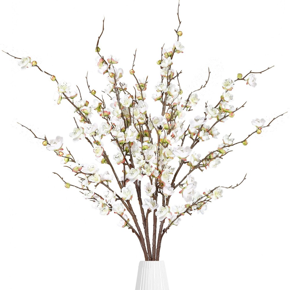 Sggvecsy Artificial Plum Blossom Flowers 4 Pcs Faux Cherry Blossom Stems Faux…