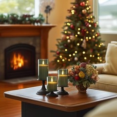 Green Glass Flameless Candles with Remote and Timer, Real Wax Olive Green