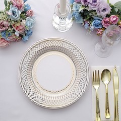 25 White Gold 10″ Porcelain Design Round Paper Plates Party Events Decorations