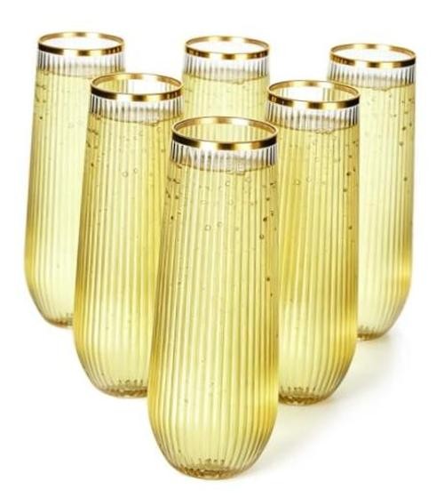 48 Pack Ribbed Plastic Champagne Flutes Stemless With Gold Rim, Unbreakable
