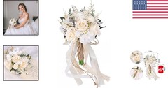 Silk Plastic Wedding Bouquet for Bride Bridesmaid White Champagne Flowers 7.5in
