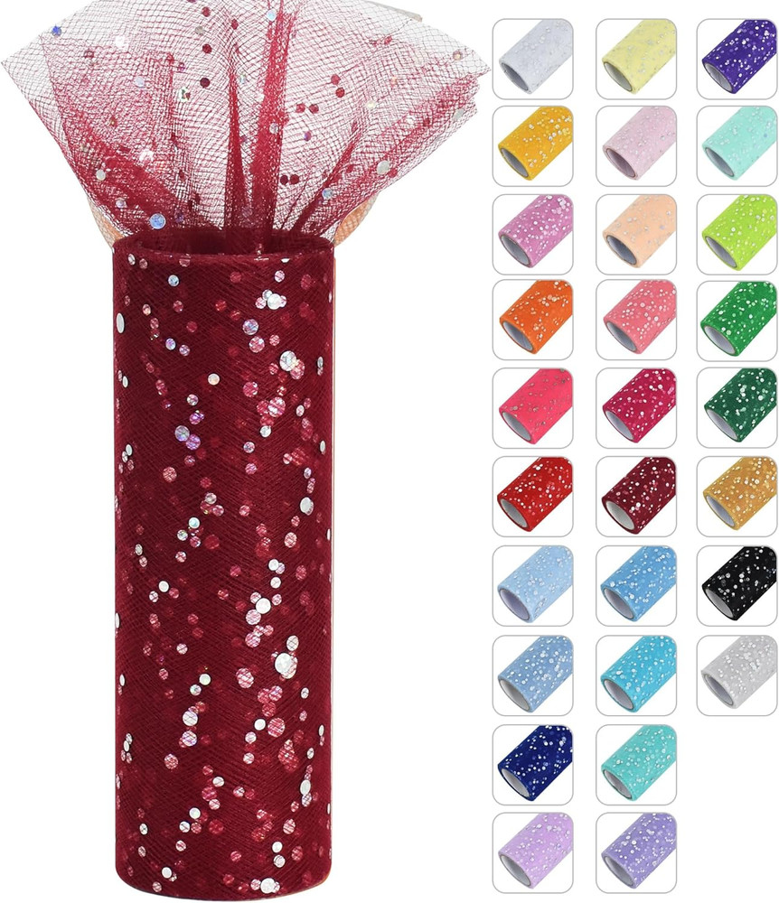 Claret Glitter Tulle Rolls 6 Inch by 10 Yards Sequin Tulle Fabric Ribbon for DIY