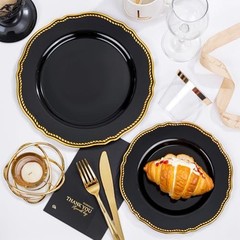 175pcs Black and gold Plastic Plates – Black and Gold 175 Pieces (25 Guests)