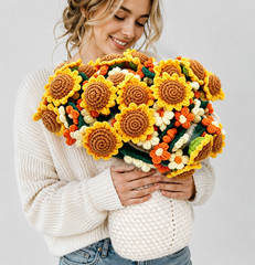 NEW 59″ Sunflower & Daisy Bouquet Blanket Handmade Crochet Flower Blanket Scarf
