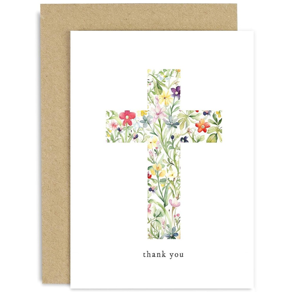 Religious Thank You Cards – Watercolour Flower Cross Christian Thank You Card…