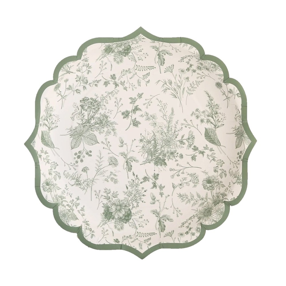 25 White Sage Green 8″ Floral Leaf Print Paper Plates Scalloped Rim Party Events
