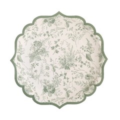25 White Sage Green 8″ Floral Leaf Print Paper Plates Scalloped Rim Party Events