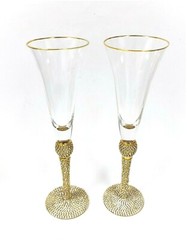 SET OF 2 GOLD RIM,SPARKLING CRYSTALS STEM,BASE CHAMPAGNE,FLUTE GLASS,HAND MADE