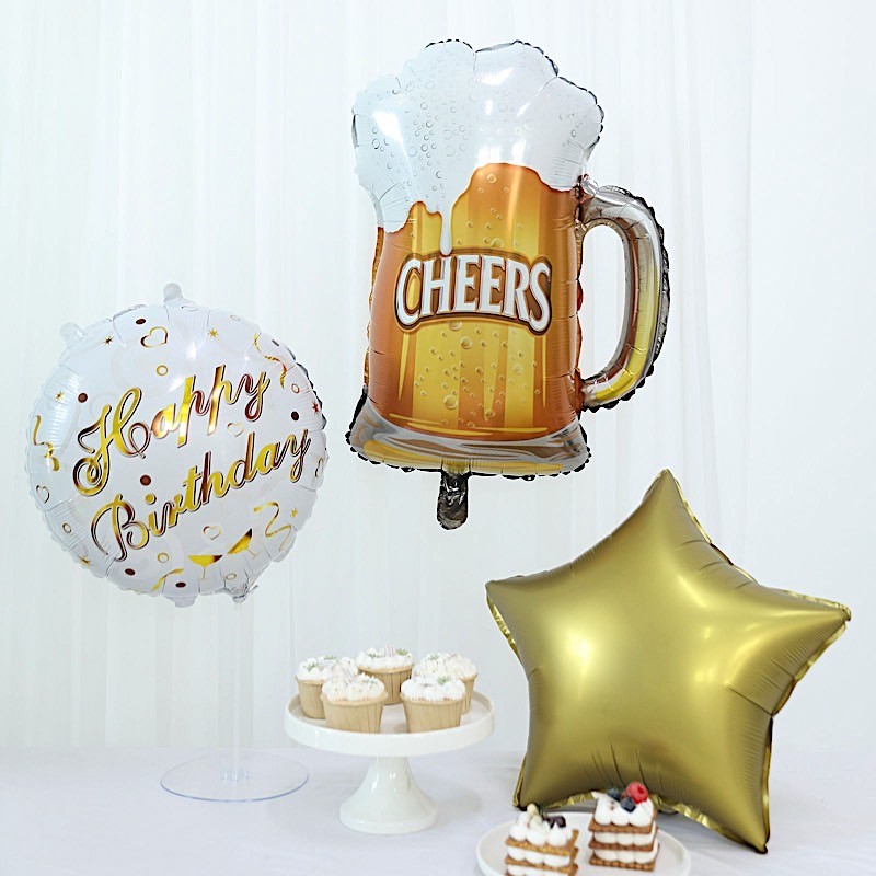 5 WHITE GOLD Round Beer Mug Stars Happy Birthday Mylar Foil BALLOONS Set Party