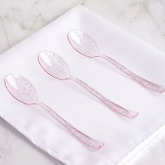 Plastic Clear Blush Glittered SPOONS Disposable TABLEWARE Party Wedding Catering