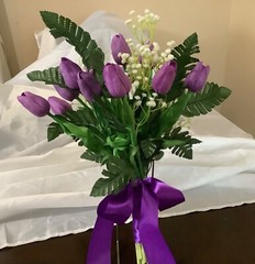 Real touch purple tulip and baby breath bridal bouquet