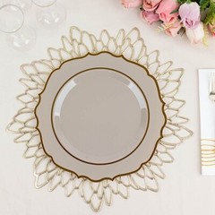 20 TAUPE 8″ Round Plastic Dinner Plates GOLD Scalloped Rim Events Wedding