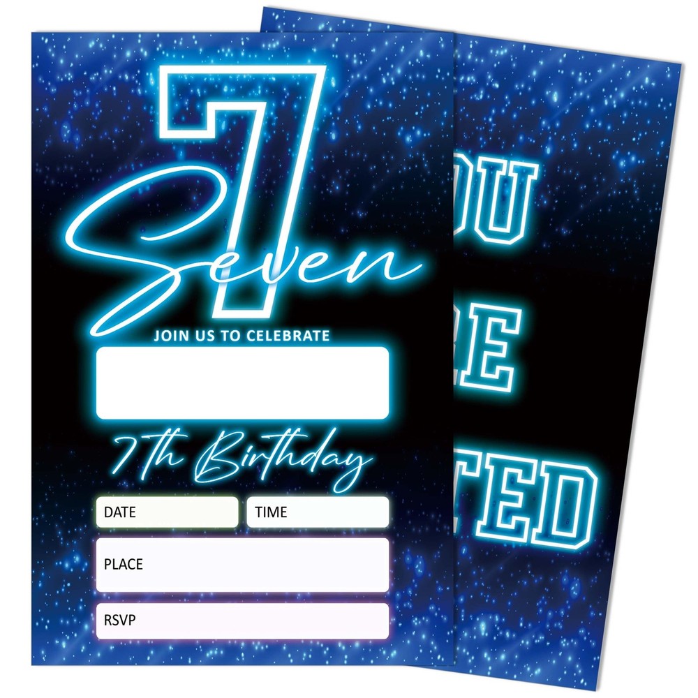 SIXEIGHT Blue 7th Birthday Invitations for Boys, Neon Glow Party Invitations …