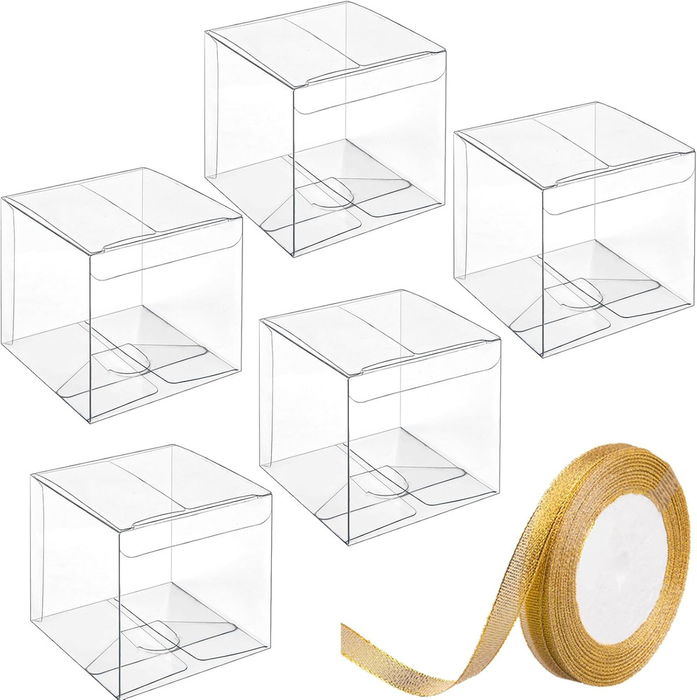 3x3x3 Inches Clear Favor Boxes with Gold Gift Ribbons 30 PCS Transparent Plastic