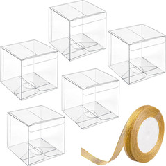 3x3x3 Inches Clear Favor Boxes with Gold Gift Ribbons 30 PCS Transparent Plastic