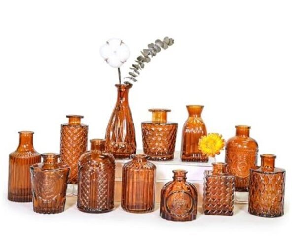 Glass Bud Vase Set, Small Dark Brown Flower Vase for Centerpieces, 12Pcs Amber