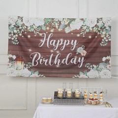 Brown White 6×3 feet Happy Birthday Wood Floral Printed Party BACKDROP Party