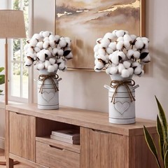 2 Pack 7.5″ High Decorative Vase with 10 Pcs Cotton Stems, Cotton Flowers in