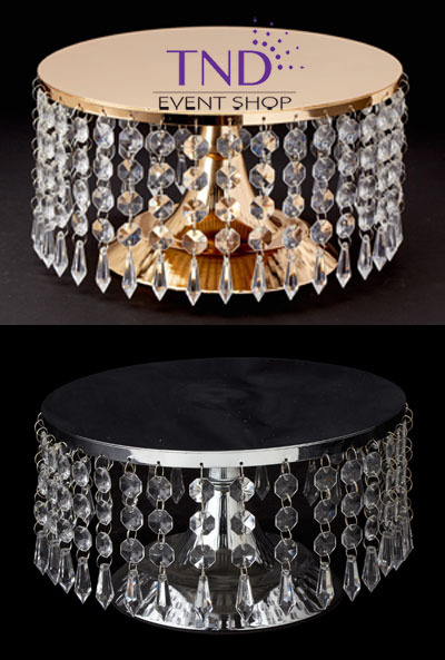 ROUND CHANDELIER GOLD/SILVER CAKE STAND RISER PEDESTAL HOLDER W DANGLING CRYSTAL