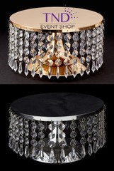 ROUND CHANDELIER GOLD/SILVER CAKE STAND RISER PEDESTAL HOLDER W DANGLING CRYSTAL