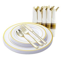 Gold Plastic Plates and Disposable Silverware w/Per-Rolled Napkins,Home