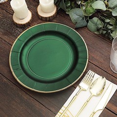25 HUNTER GREEN 10″ Metallic Round Paper DINNER LATES Textured Rim Decorations
