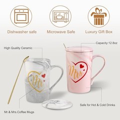 Wedding Gifts 12.8 oz Mr and Mrs Mugs Ceramic Coffee Cups Engagement Gifts
