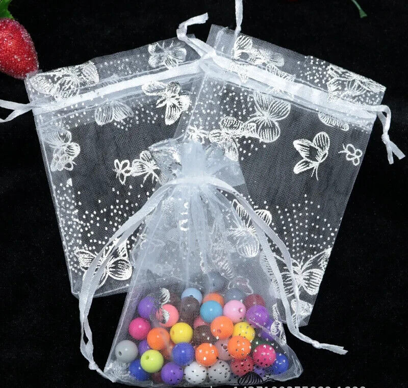 10pcs White Organza Gift Bags Jewelry Bags with Silver Butterfly
