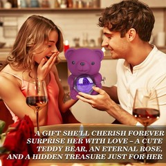 Teddy Bear Preserved Rose Gifts with 100 Languages 6 x 6 x 7.5 inches, Purple