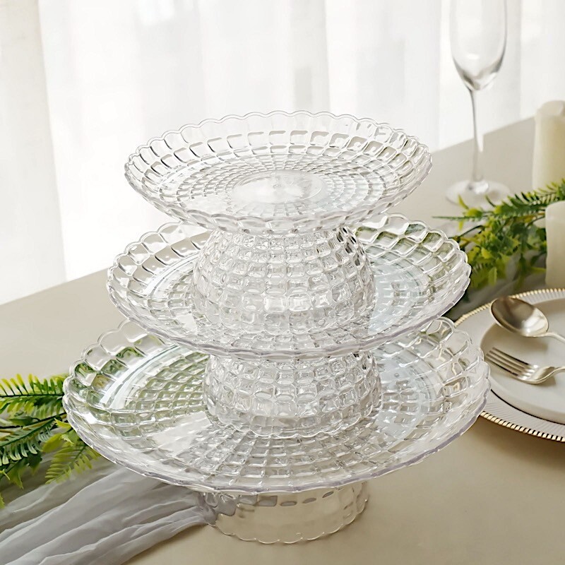 3 Clear Plastic CUPCAKE STANDS Pressed Design Stackable Dessert Pedestals Party