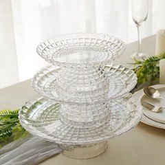 3 Clear Plastic CUPCAKE STANDS Pressed Design Stackable Dessert Pedestals Party