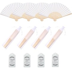 50pcs Fabric Hand Fan Fabric Bamboo Handheld Folded Fan with Organza Bags White