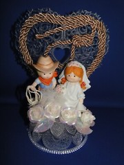 New Western Bride & Groom & Cowboy Hat, Rope Decored Heart Wedding Caketop, #132