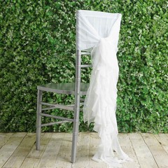 White Premium CHAIR COVER with Curly Chiffon Ruffled SASHES Decorations
